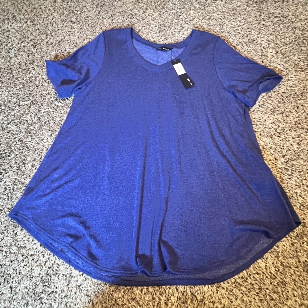 Nally & Millie Blue Heathered V-Neck Short Sleeve Tunic‎ Top N575068 XL NEW